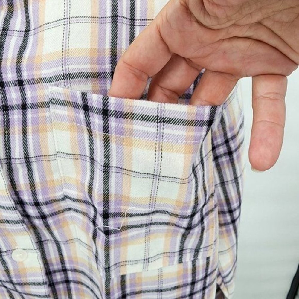 VEVERET Plaid Button Down Long Sleeve Raw Hem Shacket Shirt Lavender M & L NWT - Picture 10 of 16